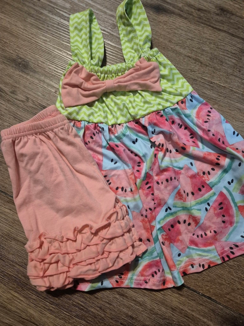Girls Pink 2pc Watermelon Print Dress and Shorts Set